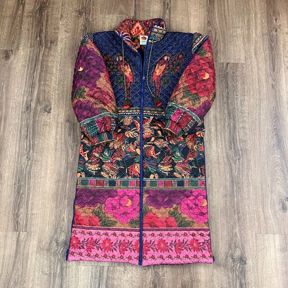 Farm Rio Mixed Patchwork Reversible Quilted Midi Puffer Coat Sz M - Picture 3 of 16